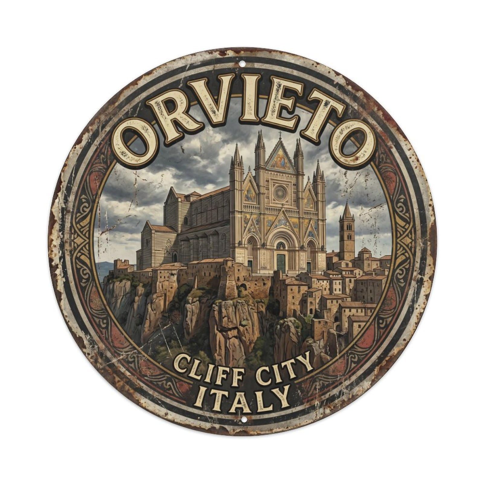 Vintage Travel Orvieto Cathedral Cliff Metal Tin Sign Plaque Wall Decor for Cafe, Club Bar, Office, Home Garden Round Metal Poster 8x8Inch