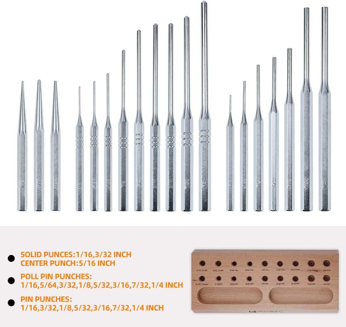 BESTNULE Punch Set, Roll Pin Punch Set, Punch Tools, Made of Solid Material Including Steel Center Punch and Nail Punch with Beech Block, Ideal for Machinery Maintenance - - 