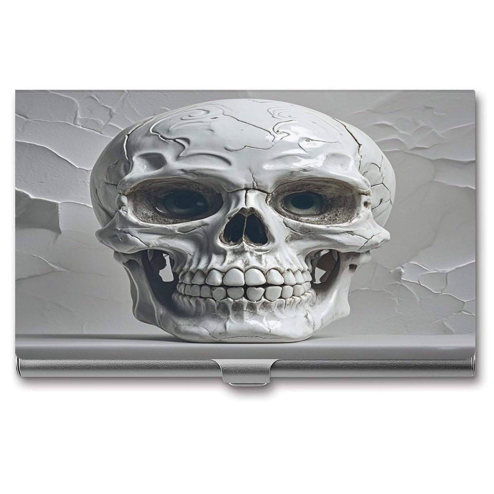 FekiLoot White And Gray Skull Graphics Business Card Holder Aluminum Alloy Business Card Case Convenient to Carry Business Card Dispenser for Men Women