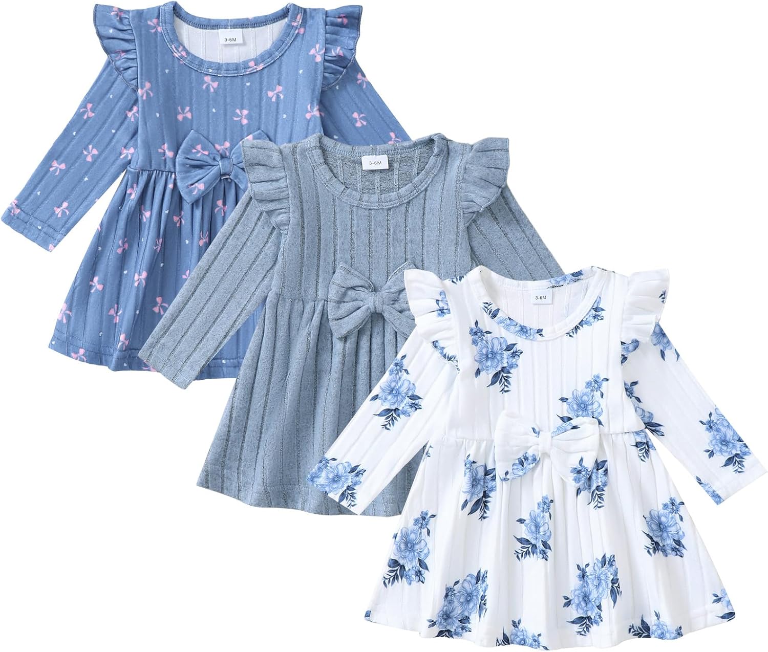 Toddler Baby Girl Dress Clothes Baby Girls' Bow Fly Sleeve Dresses Floral Clothes 3 Pack Cute Winter Outfit Set
