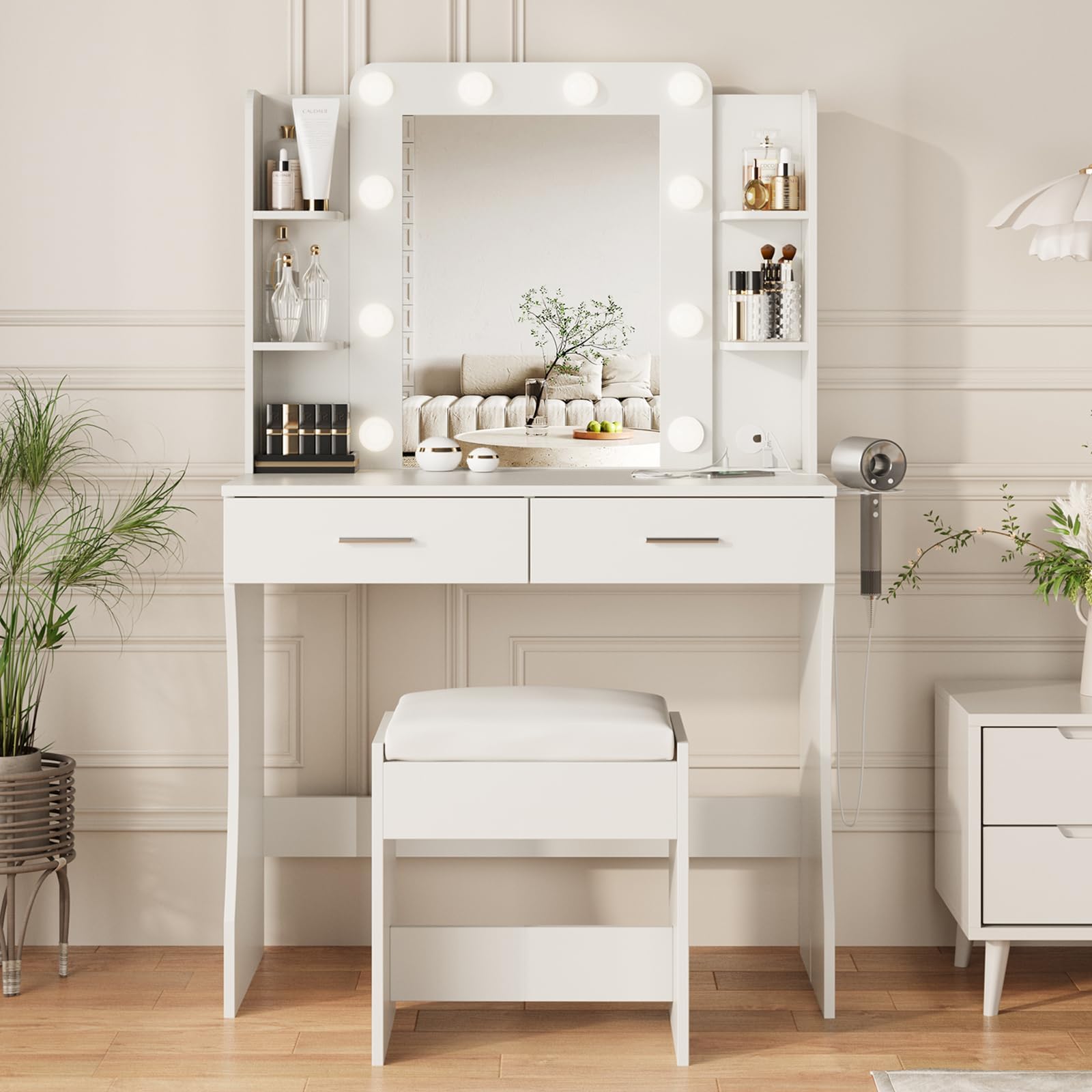 BonVache Dressing Table with Mirror and Stool, Vanity Desk with 3 Lighting Colours Mirror and Power Strip, Makeup Table Set for Bedroom with 2 Drawers, 6 Open Shelves and Hair Dryer Holder