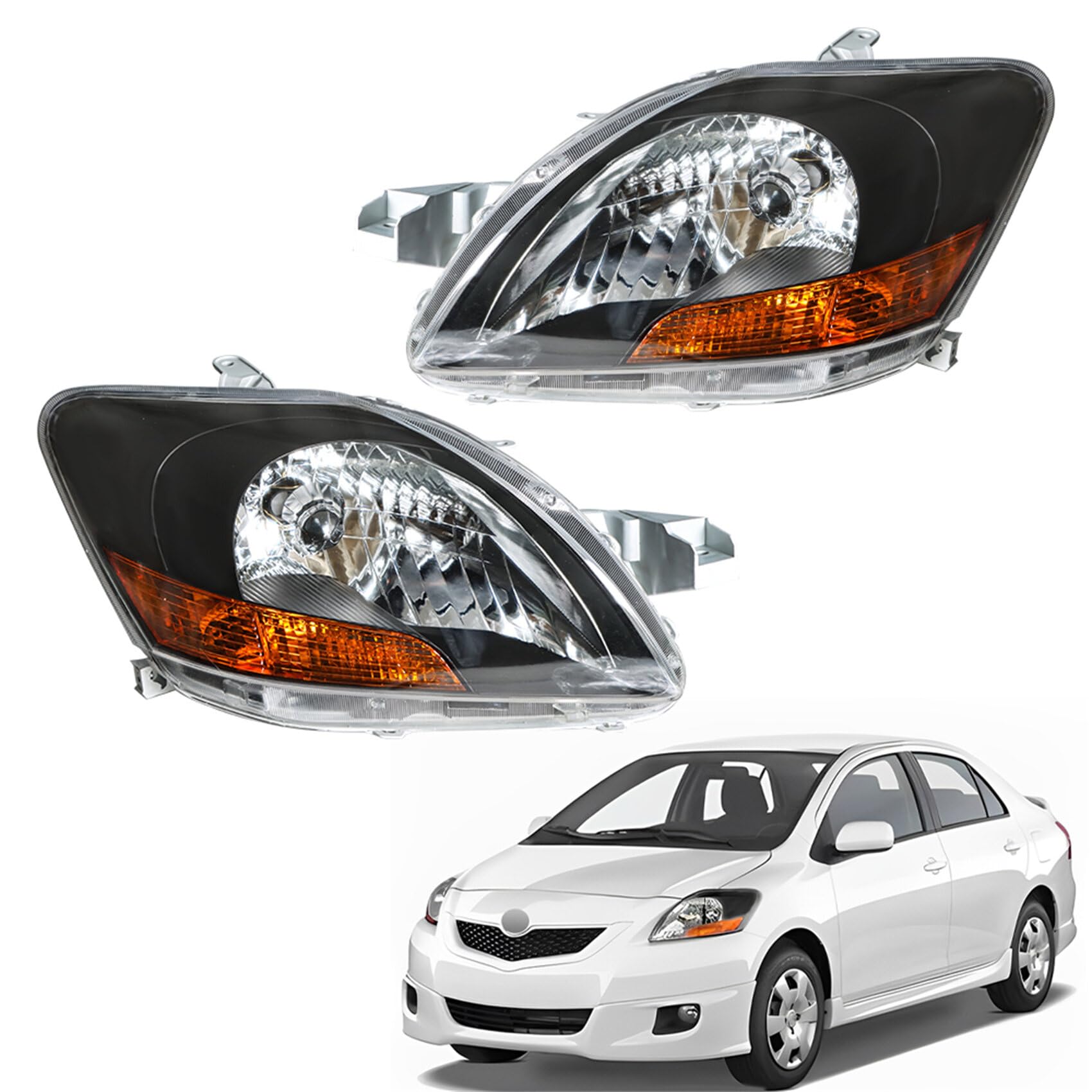 Toyota Yaris Headlights Pair For Toyota Yaris 2007-2011 Sedan - Left & Right Black Projector Headlight Assembly