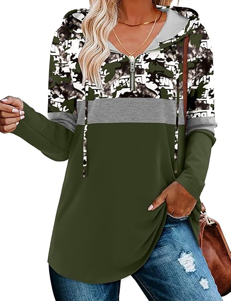 BETTE BOUTIK Womens Quarter Zip Tunic Hoodies Pullover Long Hooded Sweatshirts S-3XL