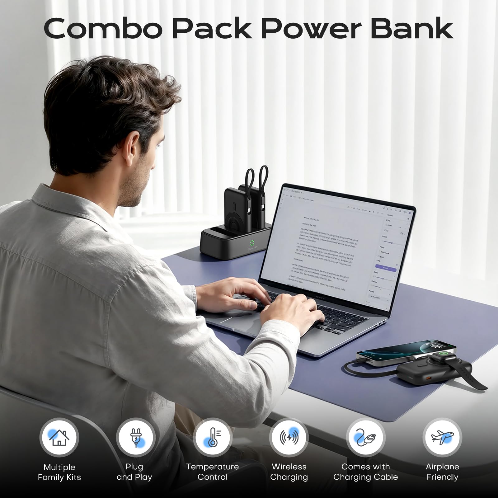 Power Bank Stacja ładująca 10000mAh, 3 porty, 22.5W PD QC Fast Charge, Powerbank z wbudowanymi kablami USB-C/Lightning/Micro, 15W Wireless, do iPhone Samsung Android, podróżny zestaw ładowania