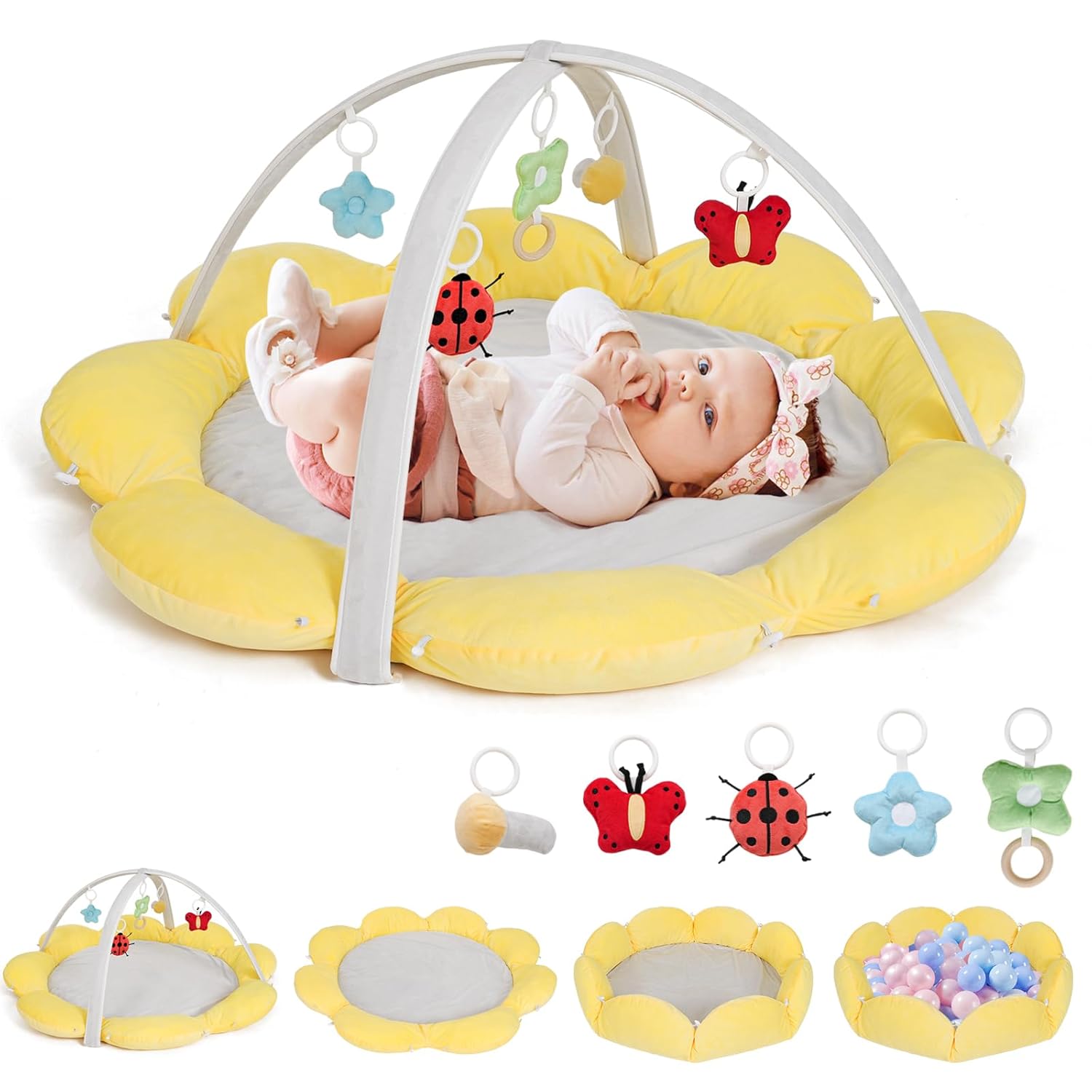 Palopalo 5-in-1 Thick & Plush Baby Play Gym with 5 Toys, Convertible Tummy Time Activity Mat for Stage-Based Sensory and Motor Skill Development, Baby Gym Ball Pit, Newborn Baby Essentials (Yellow)