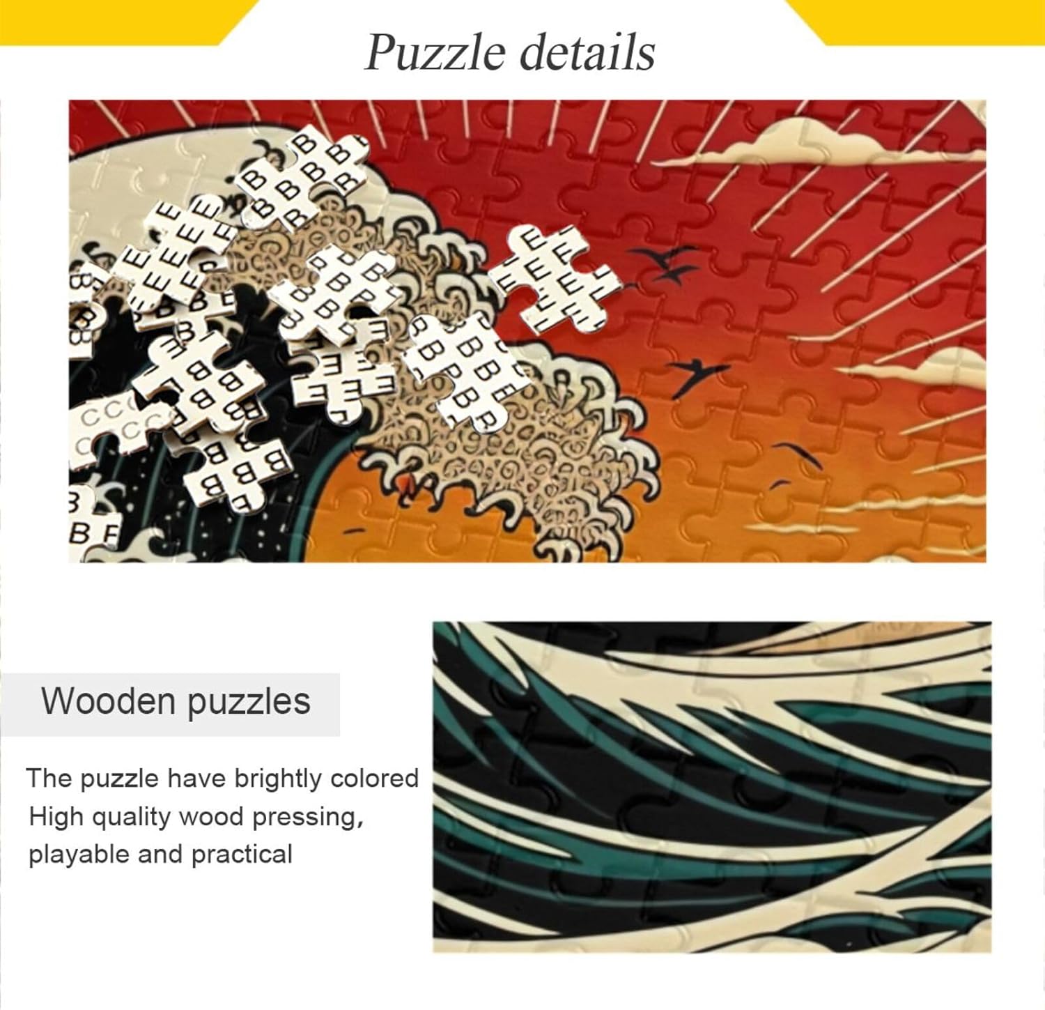 Wooden Jigsaw Puzzle 500 Pieces Raising Wave Japanese Style Print, Zigsaw with Alphabet Partition Storage Bag Easy to Solve for Adults
