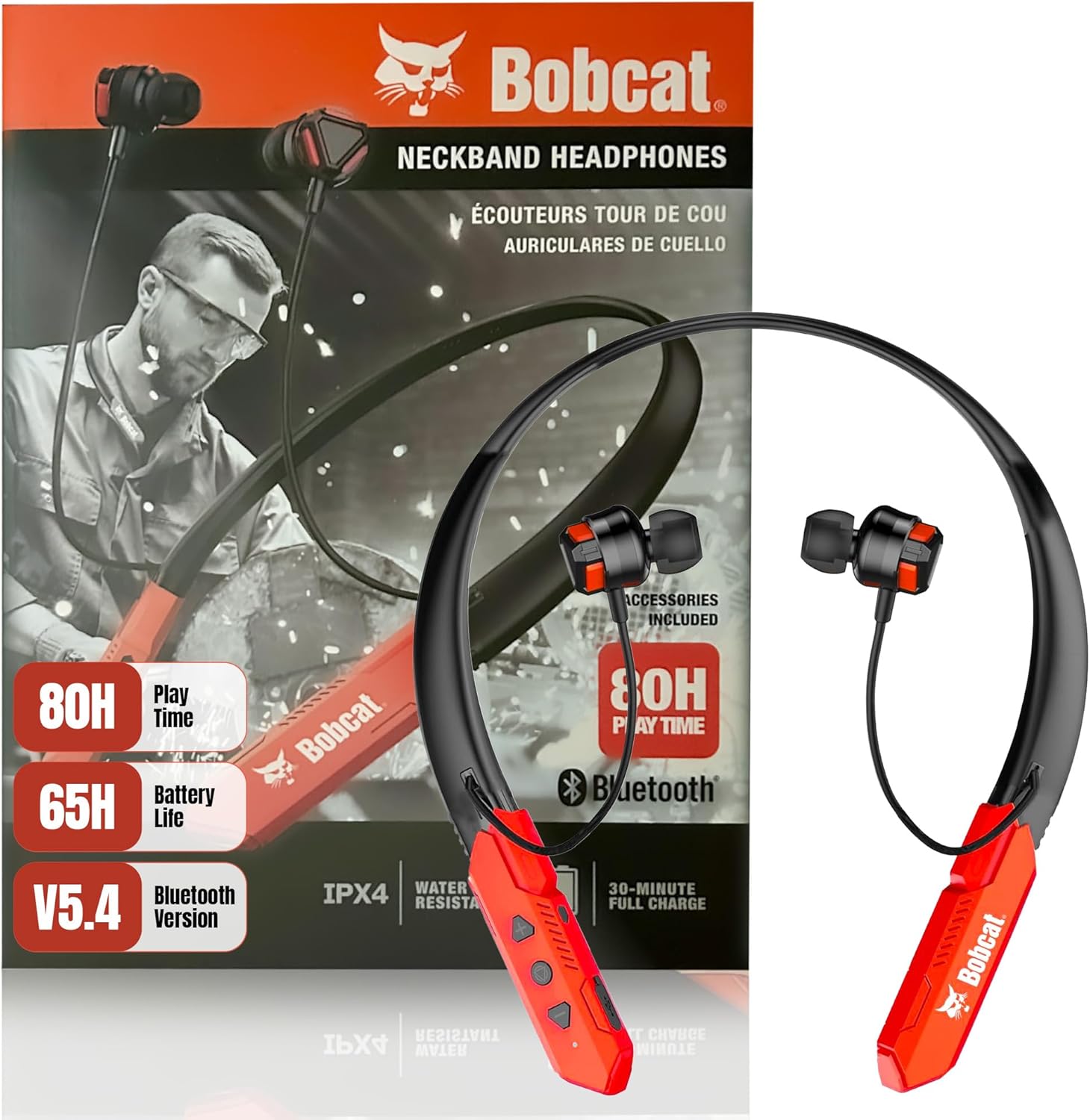 CJ TECH Bobcat Neckband Bluetooth Headphones - Earphones with Microphone, 80H Battery, Fast Charging - IPX4 Sweatproof Sports Headphones for Running, Gym, and Workout - Image 1 of 7