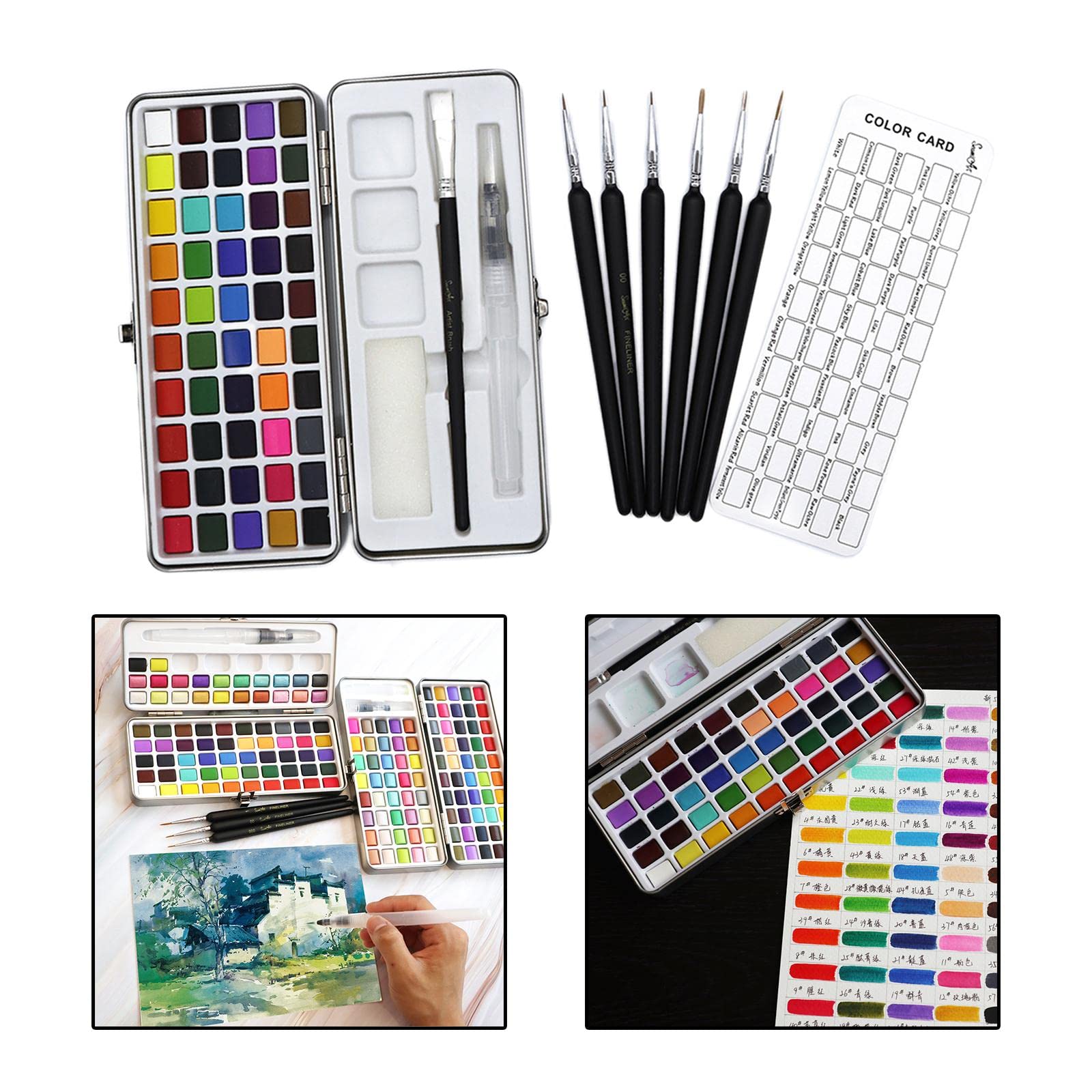 Wasserfarben Set mit Vielseitigen 100 Farben Aquarellfarben Set mit Gouachepalette Und Pinselset in Metallbox Und Langlebig für Bastelarbeiten, 50 Farbdosen-Set