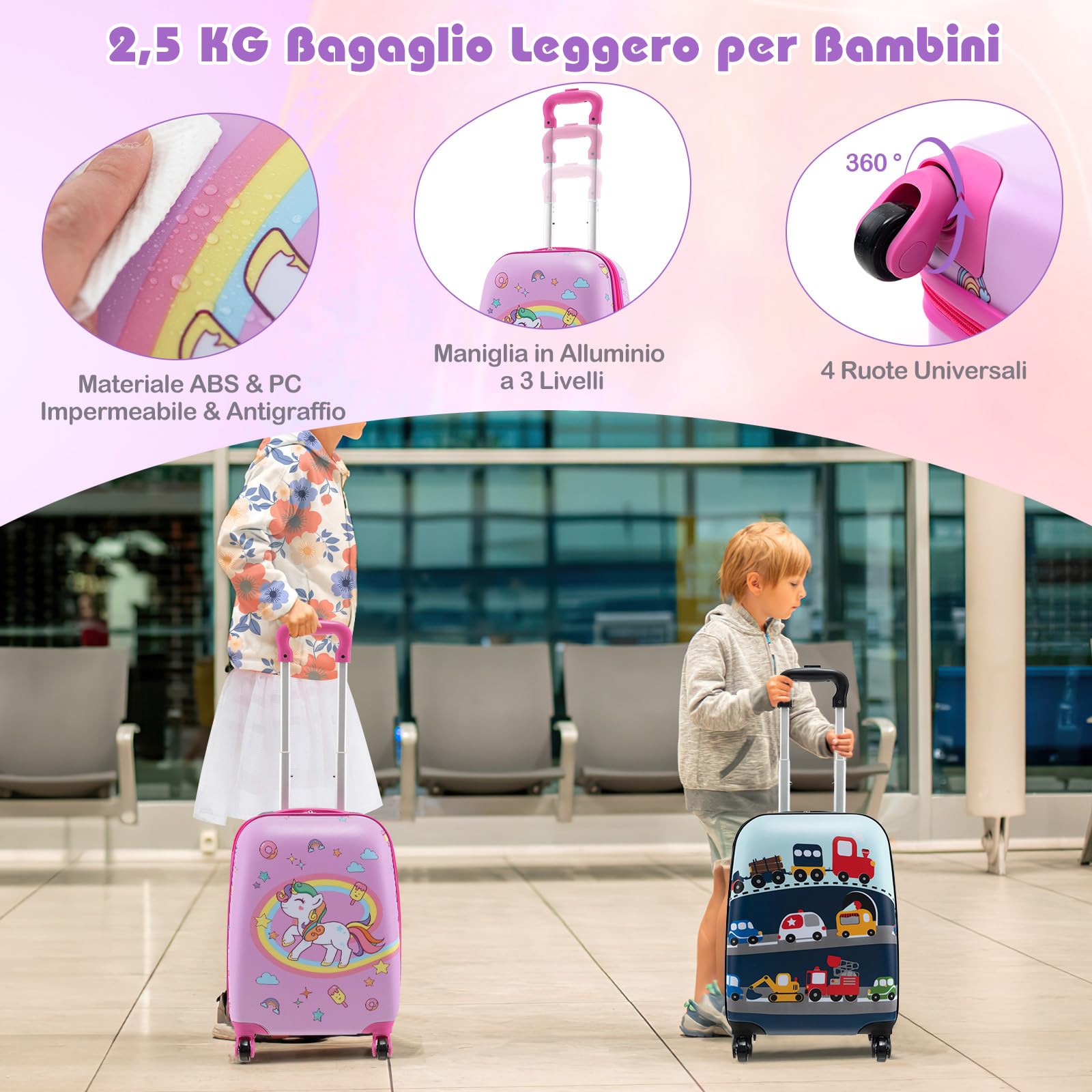 COSTWAY 5 Pezzi Valigia per Bambini, Valigia con ManicoTelescopico da 16" con 13" Zainetto, Cuscino per Il Collo, Etichetta per Bagaglio, Borsa per Il Pranzo, con Ruote Girevoli a 360 ° (Modello 1)