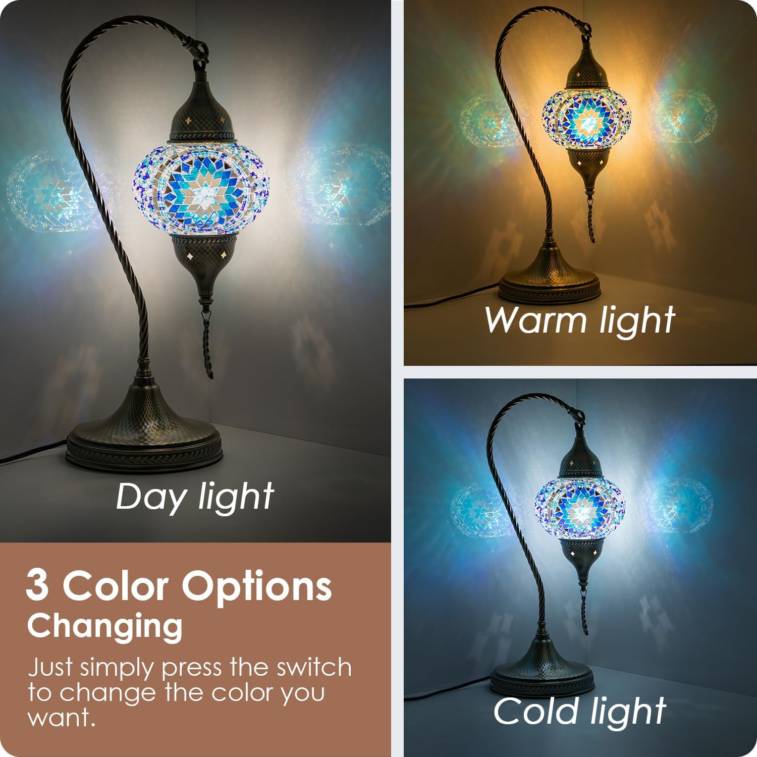Yarra-Decor Turkish Moroccan Mosaic Table Lamp with Bronze Base - 3 Color Options Handmade Swan Neck Tiffany Mosaic Glass Bedside Lamps for Bedroom, 19" (LED Bulb Included) (Blue2)