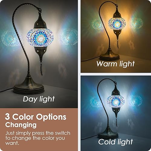 Miniatura 2 de Yarra-Decor Lámpara de mesa de mosaico turco marroquí con base de bronce, 3 opciones de color, hecha a mano, cuello de cisne, mosaico Tiffany,
