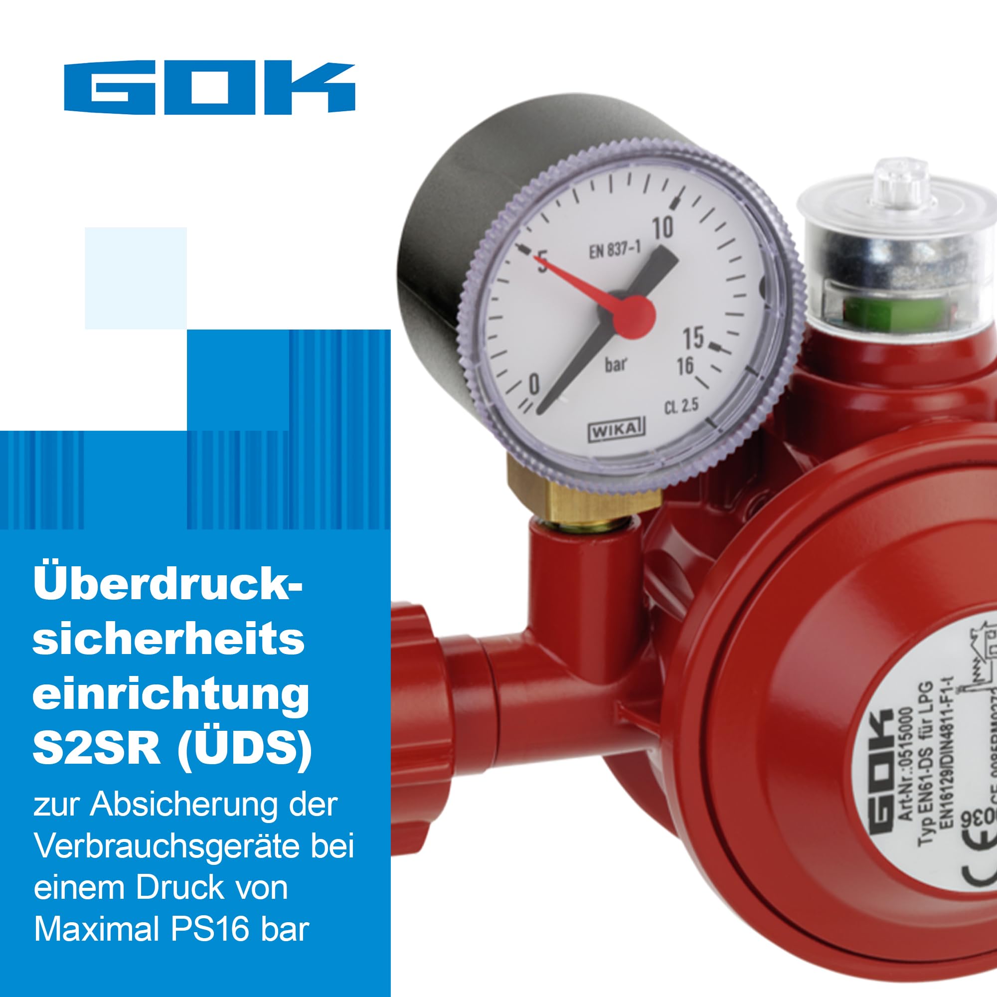 GOK Anschlussset Pro, Set aus Gasdruckminderer, Gasanschlussschlauch 1m und Abdichtungsband, für den direkten Anschluss von Geräten an die Gasflasche, Betriebsdruck:50 mbar