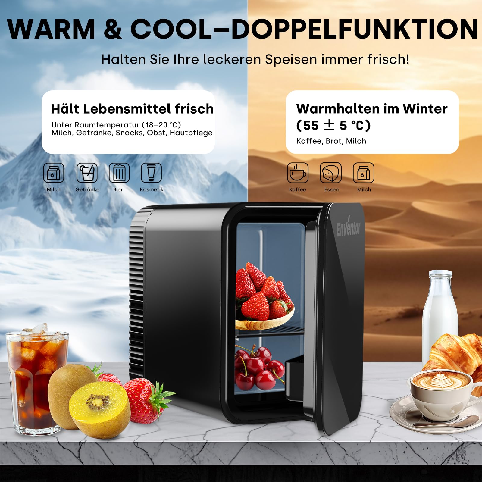 Enventor Mini Kühlschrank 4L 6 Dosen 12V/220V Kühl- und Heizfunktion Leise für Auto Schlafzimmer Büro Schwarz