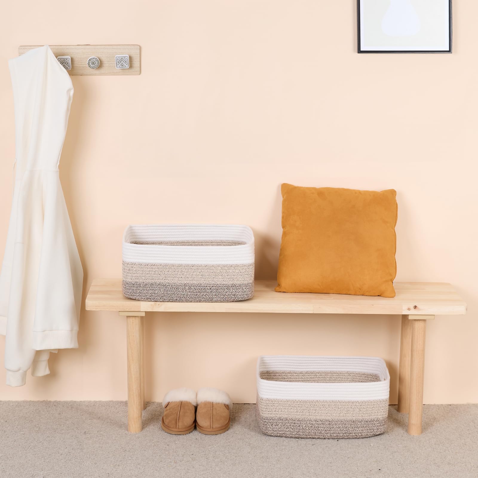MiniArk Cestini portaoggetti grandi, 43 x 33 x 19 cm, confezione da 3 pezzi, in corda di cotone marrone sfumato