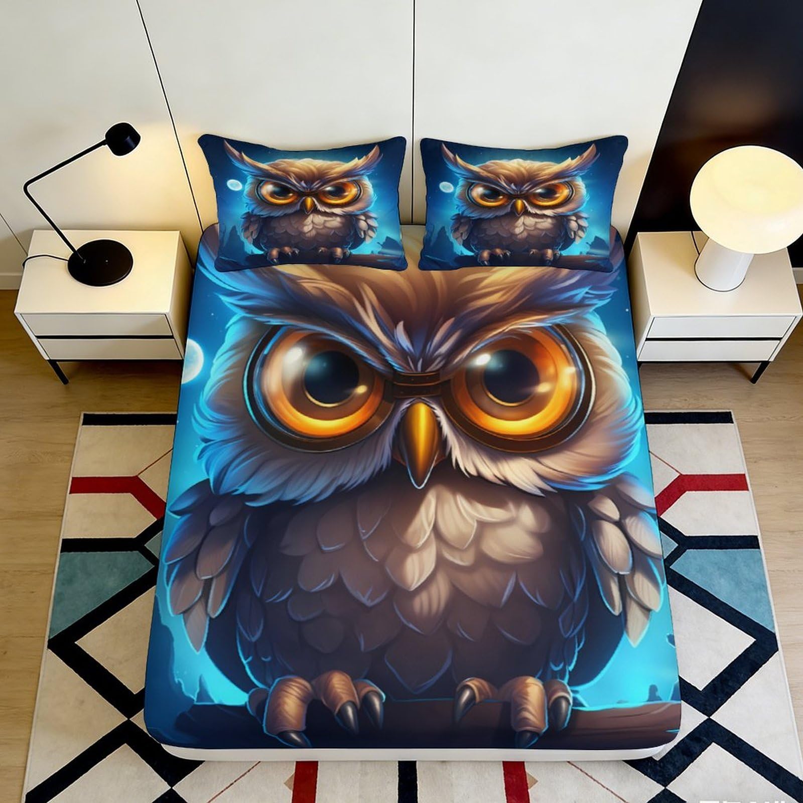3D Printed Owl Fitted Sheet Microfiber Deep Pocket Elastic Hem Owl Mattress Fitted Cover Washable Bedroom Decor 140x200x25cm
