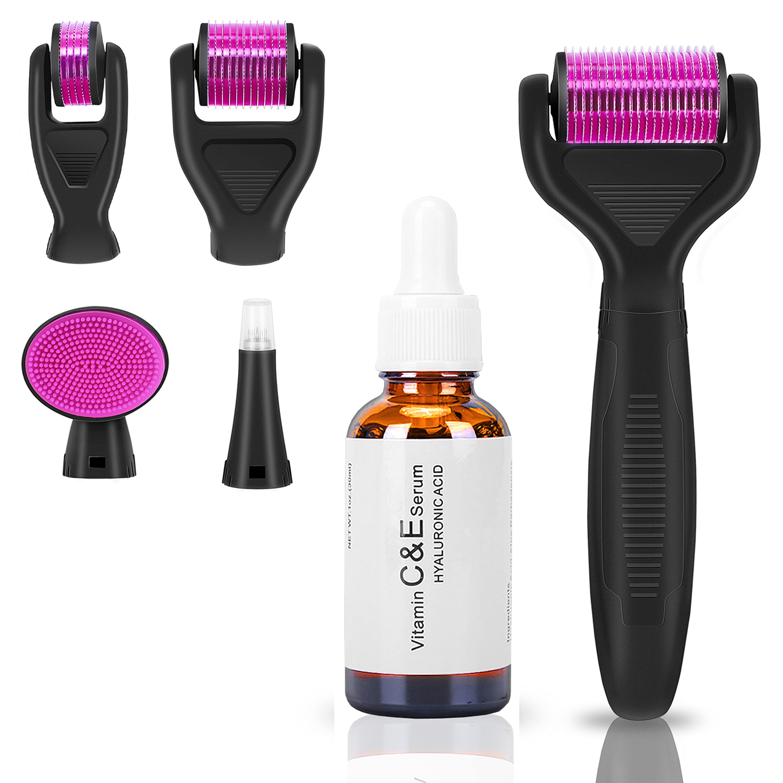 Pantrasamia Rodillo Agujas, 6 en 1 Derma Roller Rodillo de Micro Agujas Dermaroller para Cuidado de la Piel & 30ml Sérum Facial con VITAMINA C, E, Ácido HIALURÓNICO