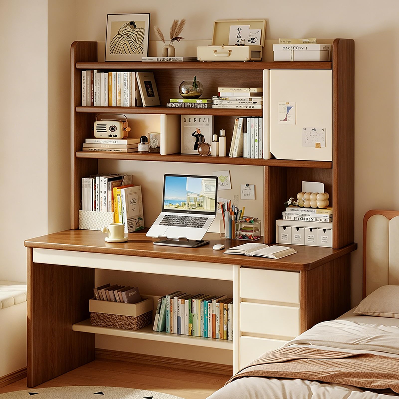 Mescxty B Wooden Computer Desk,Student Learning Table With Drawers,Hutch, Filing Cabinet,Compartment,External Shelving,Writing Desk Workstation For Home Office(100X50x161.5cm(39X20x64inch), )