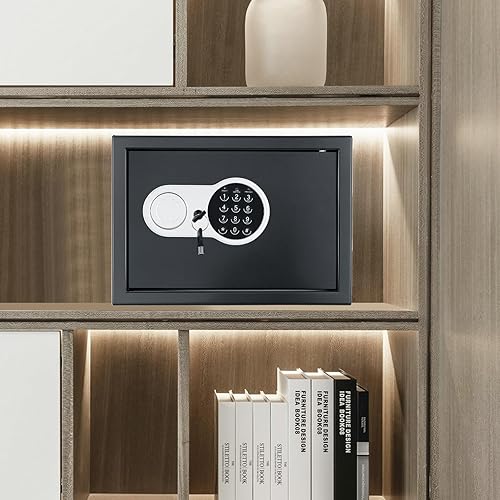 Miniatura 6 de Caja fuerte de seguridad de acero de 0.77 pies cúbicos, caja de seguridad con teclado electrónico y llaves de emergencia, caja fuerte antirrobo para