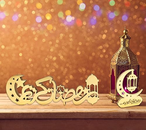 Miniatura 7 de Paquete de 2 decoraciones de mesa de Ramadán Mubarak, letrero de madera acrílica de Eid Mubarak, decoración de mesa islámica para Ramadán Mubarak