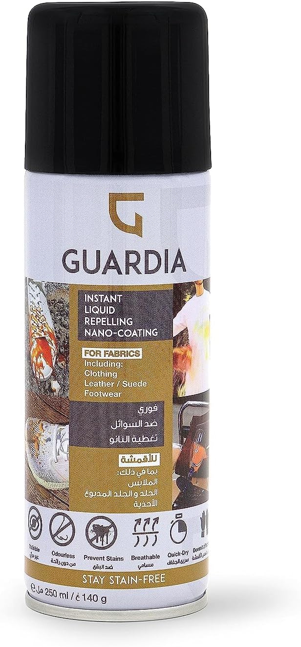 Guardia Stain Preventing Waterproof Liquid Repelling Spray – Protector Nano Spray for Suede, Uggs, Jordans, Shoes, Boots, Nubuck, Canvas, Bags, Clothes, Leather, Carpets, Car Seats - Quick Dry 250ml