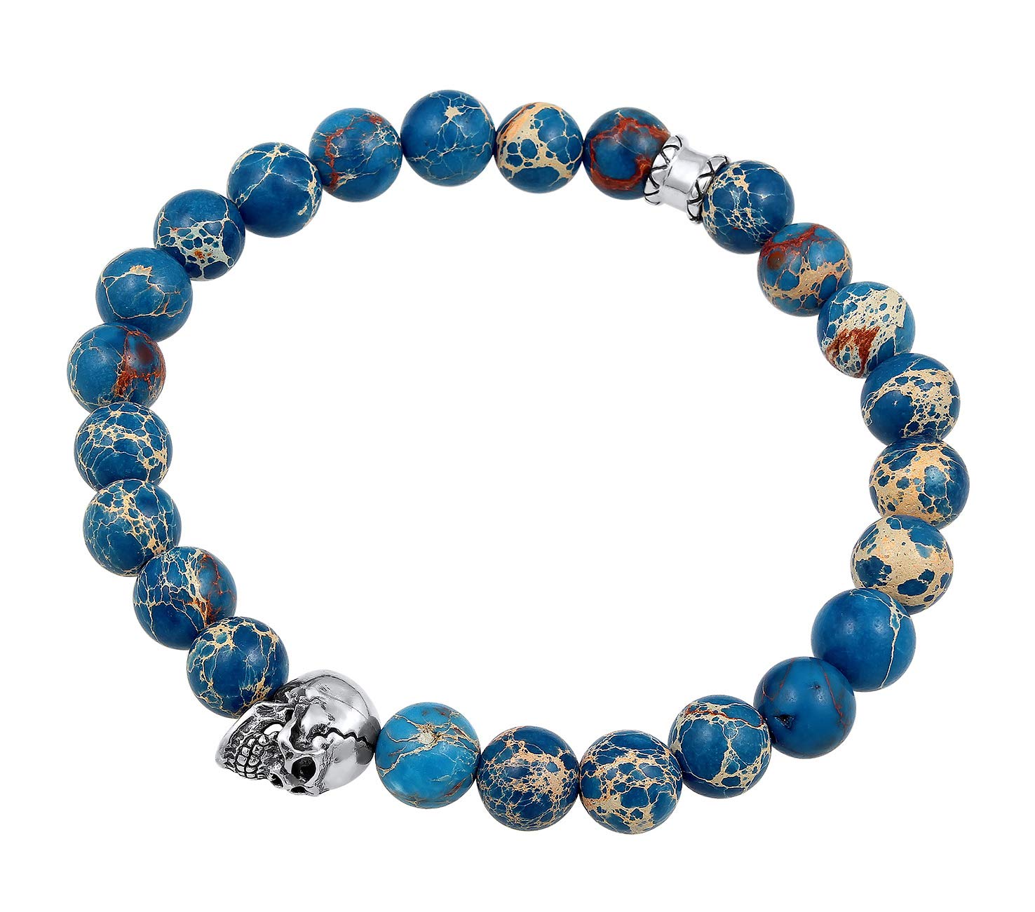 Kuzzoi Herren Armband mit blauem Achat Edelstein Perlen und Totenkopf | Anhänger Yogaarmband Energiearmband Länge 19 23cm elastisch