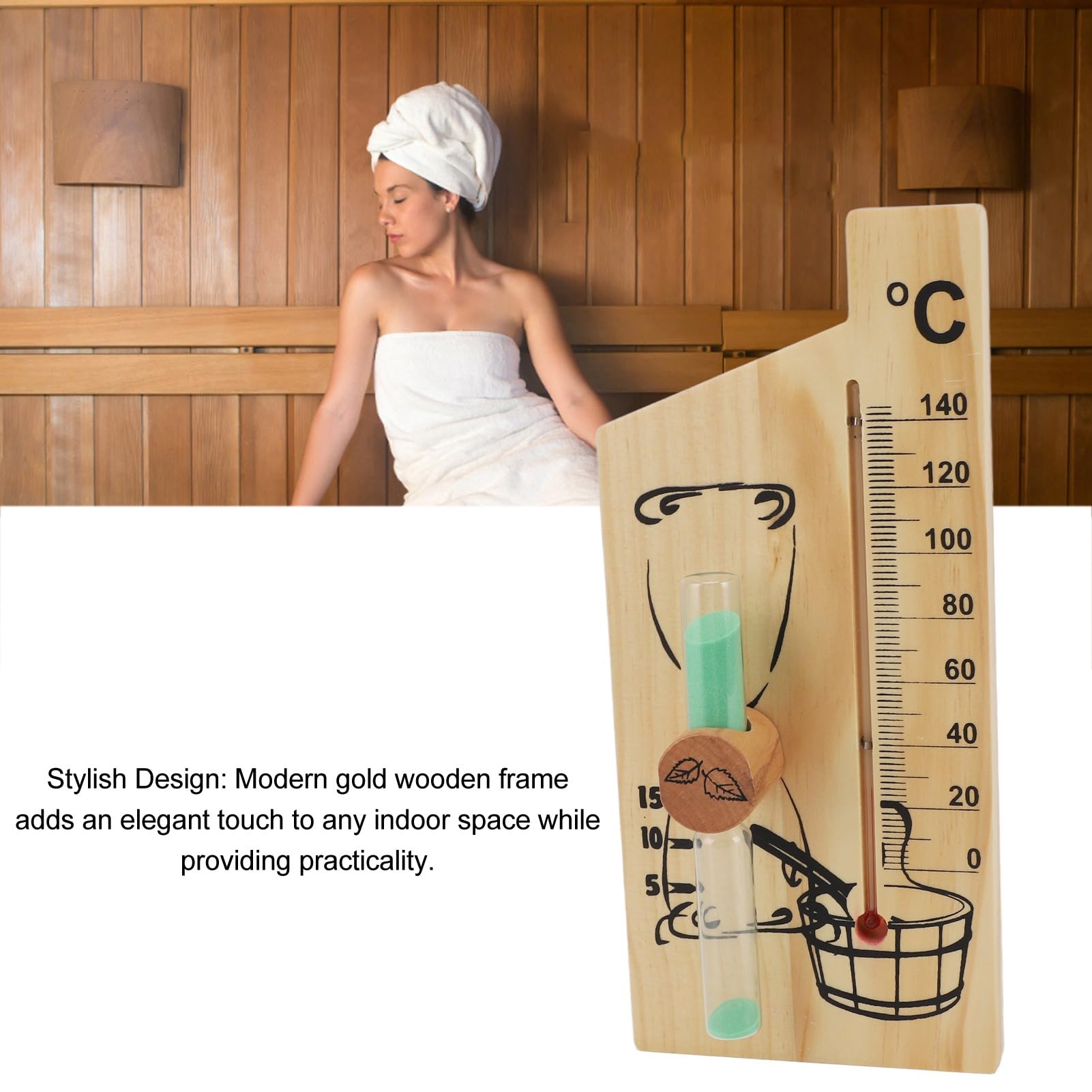 Termómetro de Sauna Reloj de Arena, Temporizador de 15 Minutos Sauna Reloj, Reloj de Arena de Madera Dorada Temporizador, Accesorio de Sauna para Montaje en Pared, para Sala de Sauna, Sala de Sudor