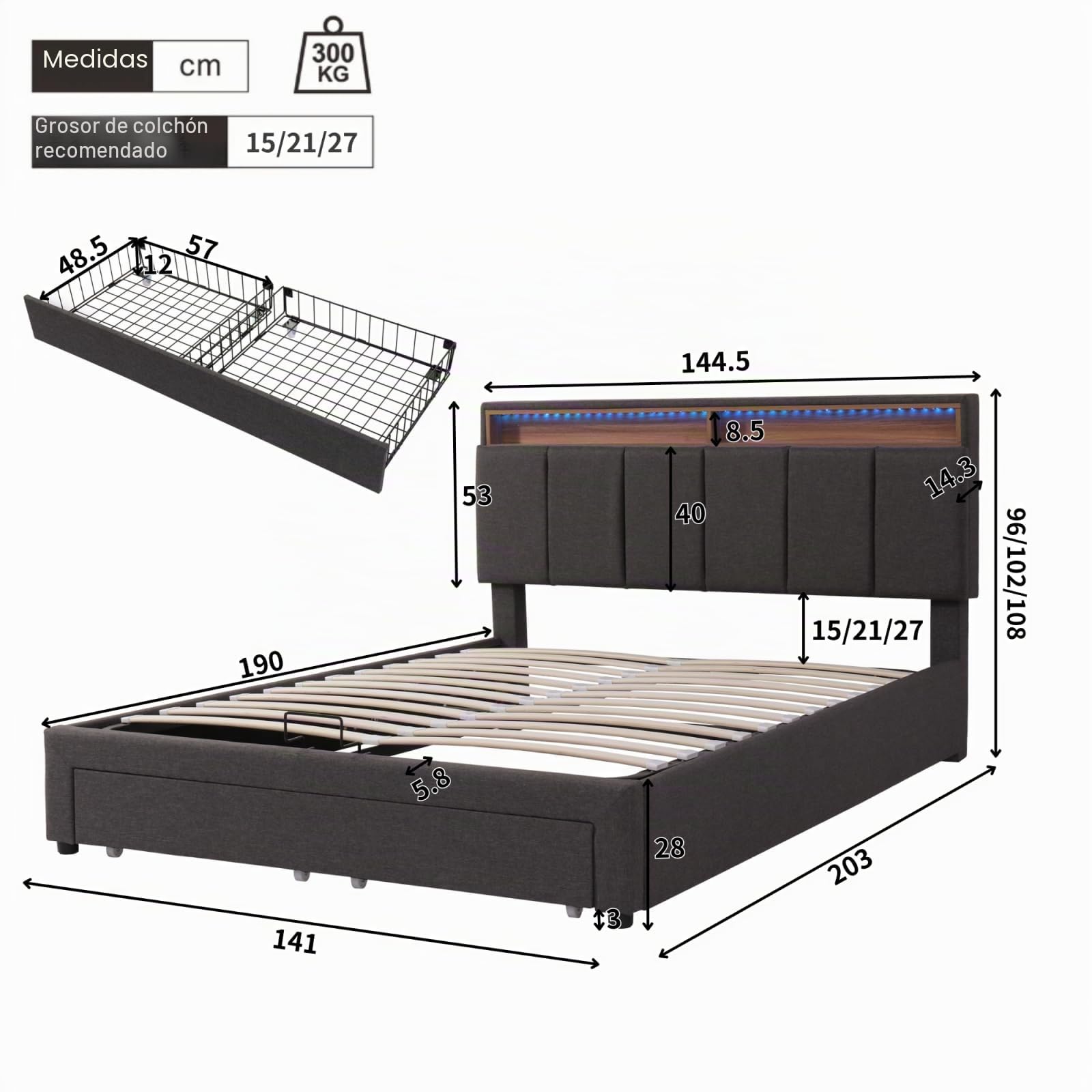 Cama con Almacenamiento HidráUlico 140x190,Cama Doble Tapizada con LED,Camas Acolchadas con 2 Cajones,Cama Funcional Juvenil,Camas Matrimoniales (Gris+Lino-A)