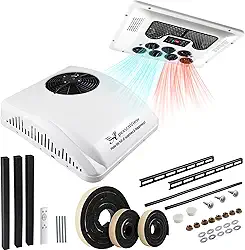 Ar condicionado RV sem dutos de 10000 BTU, ar condicionado de teto 2 em 1 de 45 dB para aquecedor e resfriamento, unidade de 12 V CC para