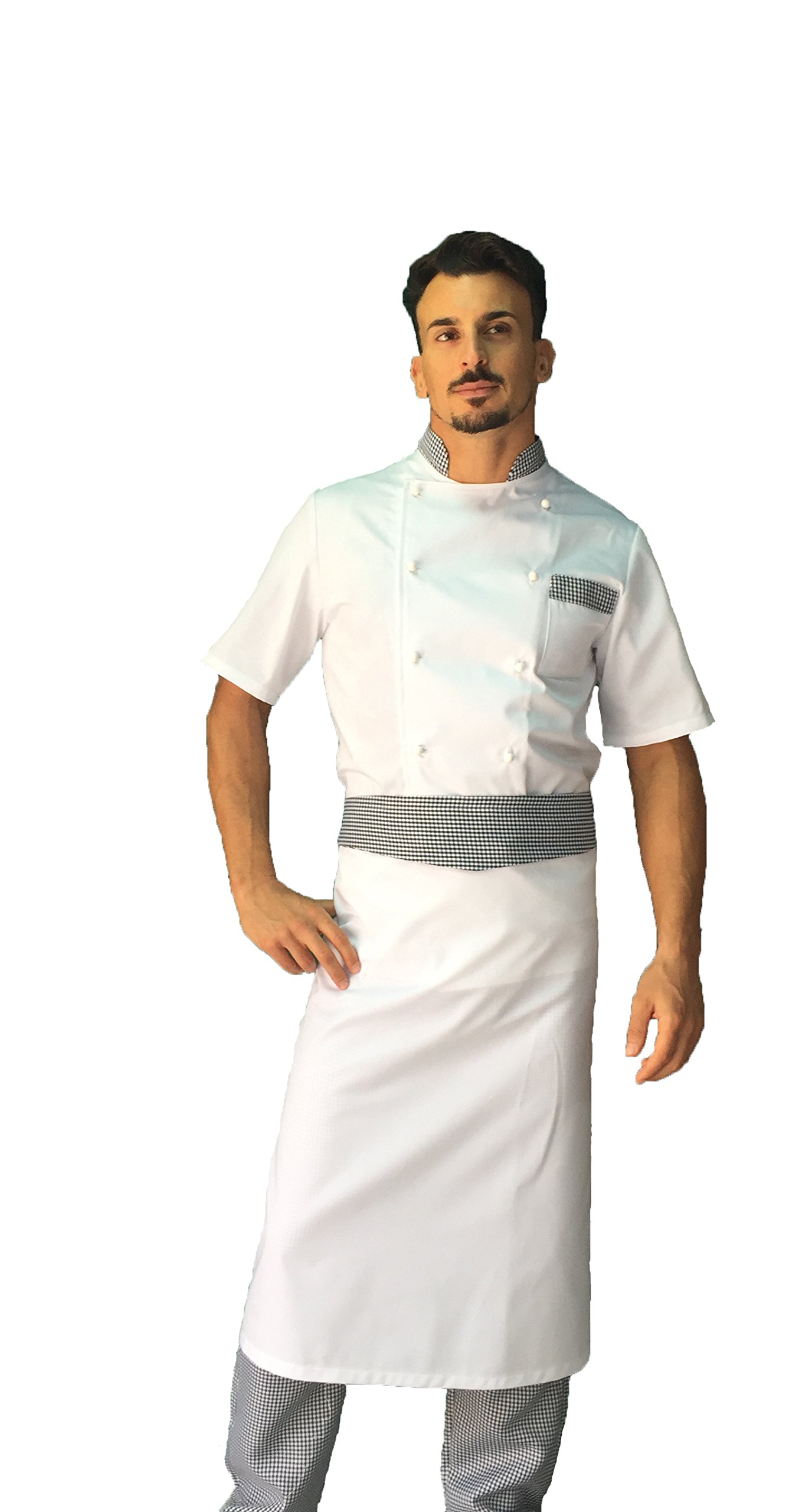 Bordado gratuito – Conjunto de cocina – Uniforme de cocinero Pied de Poule – Chaqueta de manga corta, pantalón y delantal – Fabricado en Italia
