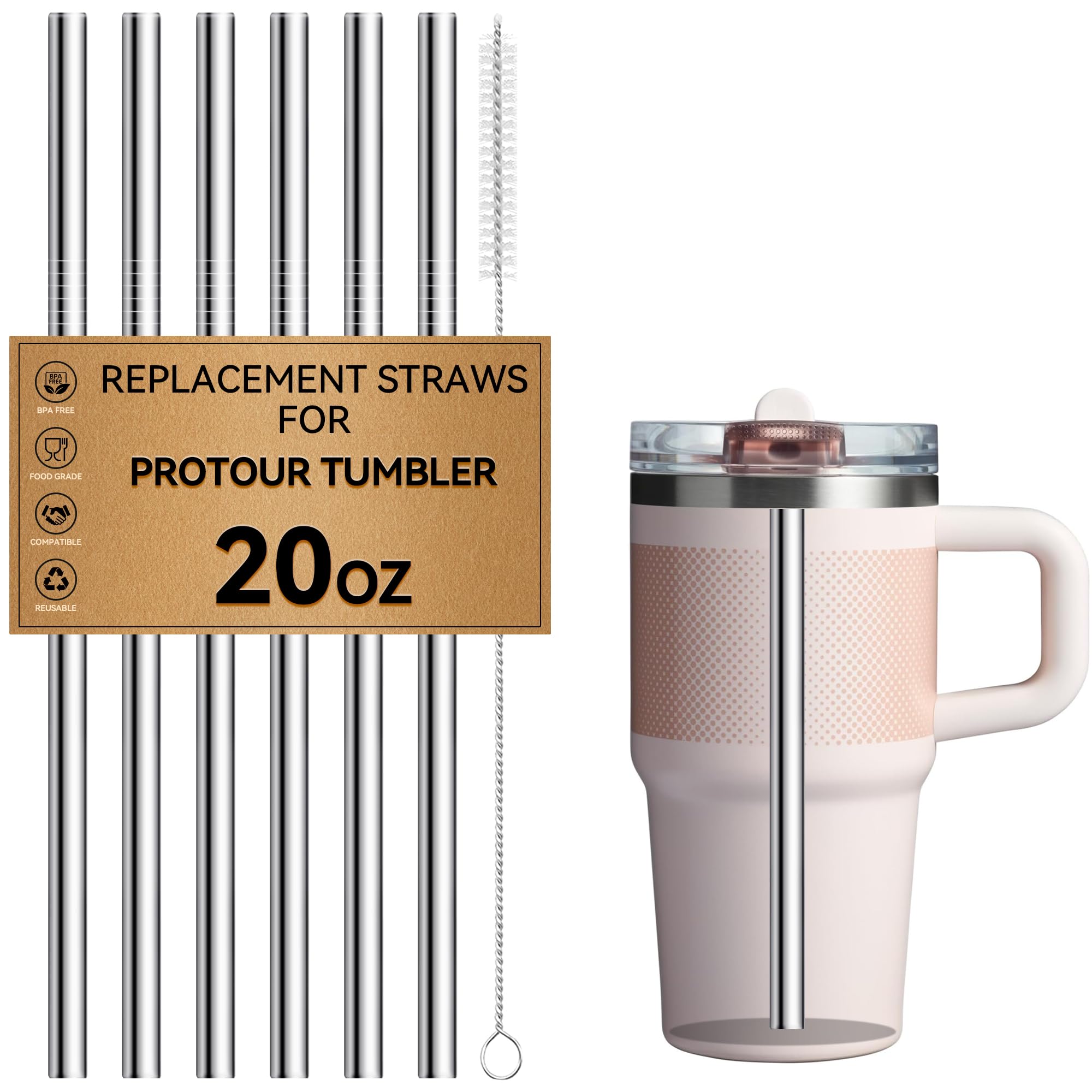 Metal Straw for Stanley ProTour 20 oz Flip Straw Tumbler, Stainless Steel Replacement Straws for Stanley Pro Tour 20oz Flip Straw Lid Cup, BPA Free, Dishwasher Safe Steel ProTour 20 oz