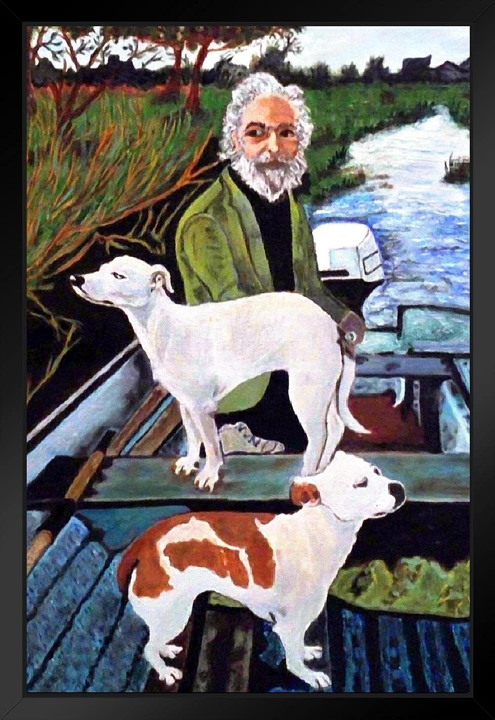 Man in Boat With Dogs Movie Painting Poster Motorboat On Water Film Black Wood Framed Wall Art 14x20