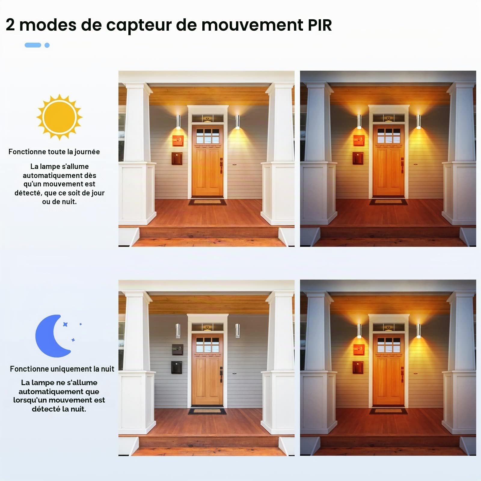 Applique murale d'extérieur avec détecteur de mouvement PIR LED IP44 en acier inoxydable avec 2 ampoules GU10 5 W Blanc chaud