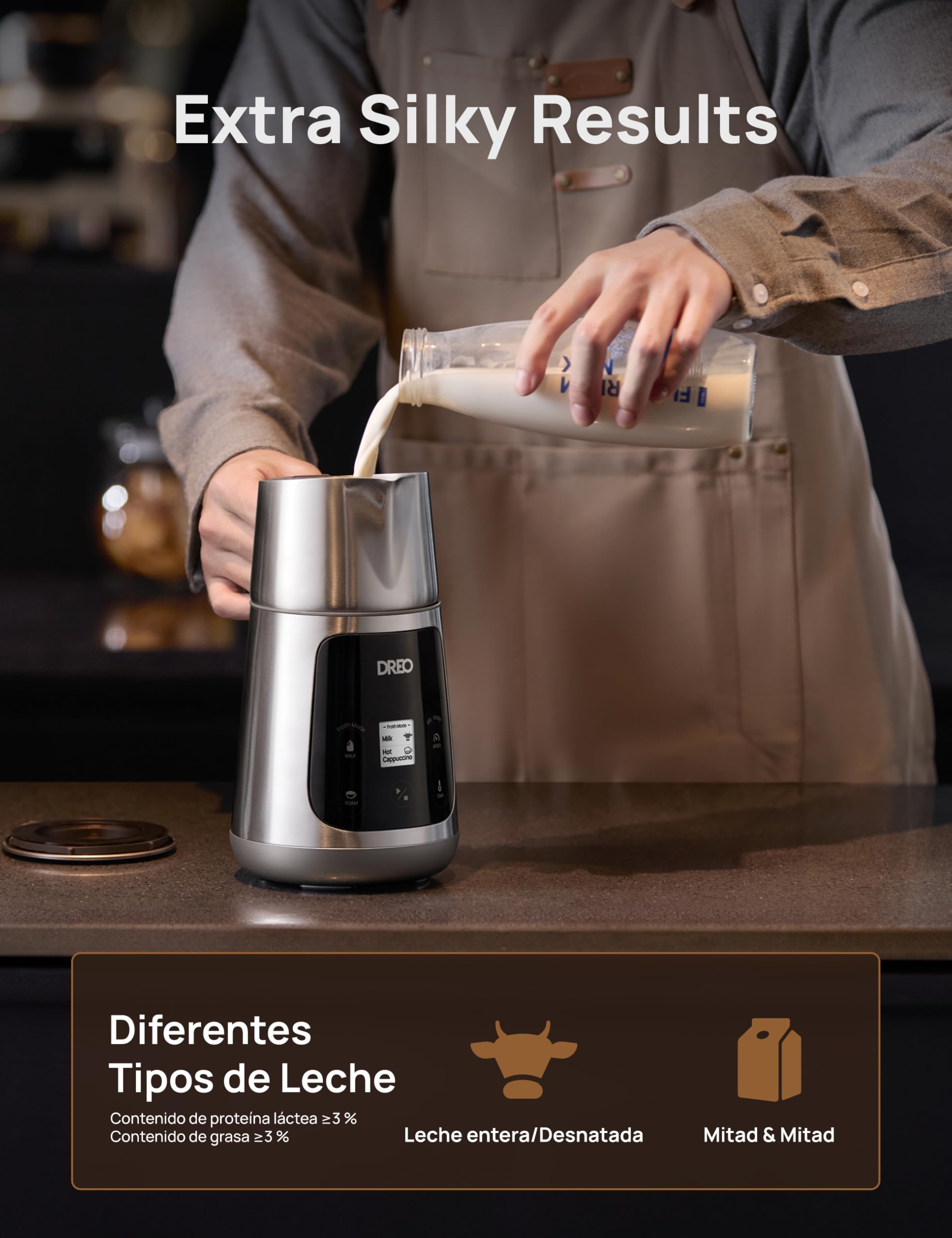 DREO Espumador de Leche Todo en Uno, Creador de Espuma Automático para Microespuma de Nivel de Arte en Latte y Café Caliente/Frío, Calentador de Leche Eléctrico de 27oz/800ml con más de 30 Bebidas