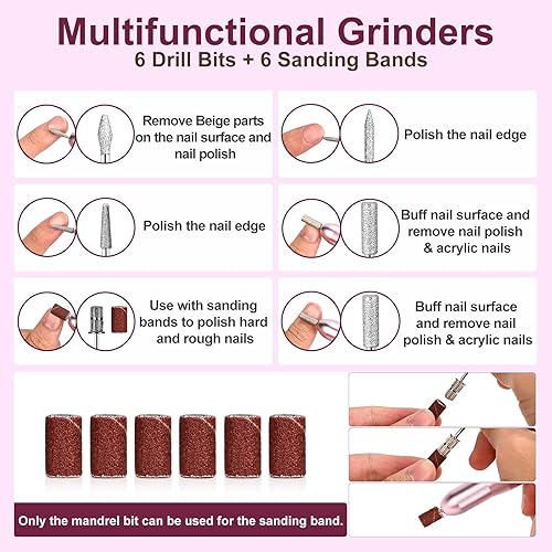 Miniatura 4 de Taladro de uñas eléctrico portátil, 20000 rpm, taladro profesional de uñas Efile con 6 brocas de uñas y bandas de lijado para uñas de gel acrílico,