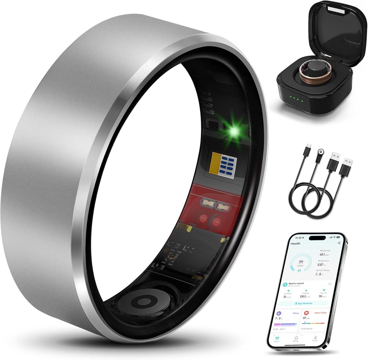 Smart Health Ring 2.0 for Women Men, Slim Scratch & Fingerprint Resistant Design,Efficient Chip Fitness Tracker, Monitors Heart, Blood Oxygen & Pressure, Sleep, Steps, Waterproof, Silver 7