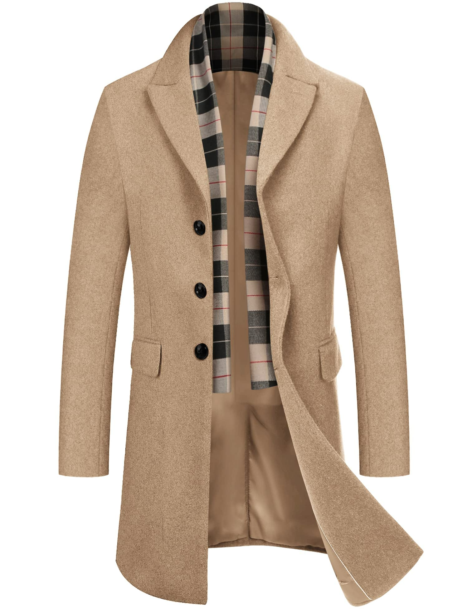 coofandy Men's Wool Blend Coat with Detachable Plaid Scarfs Notched Collar Single Breasted Pea Coat Trench Overcoat, Khaki, Medium-picture-53