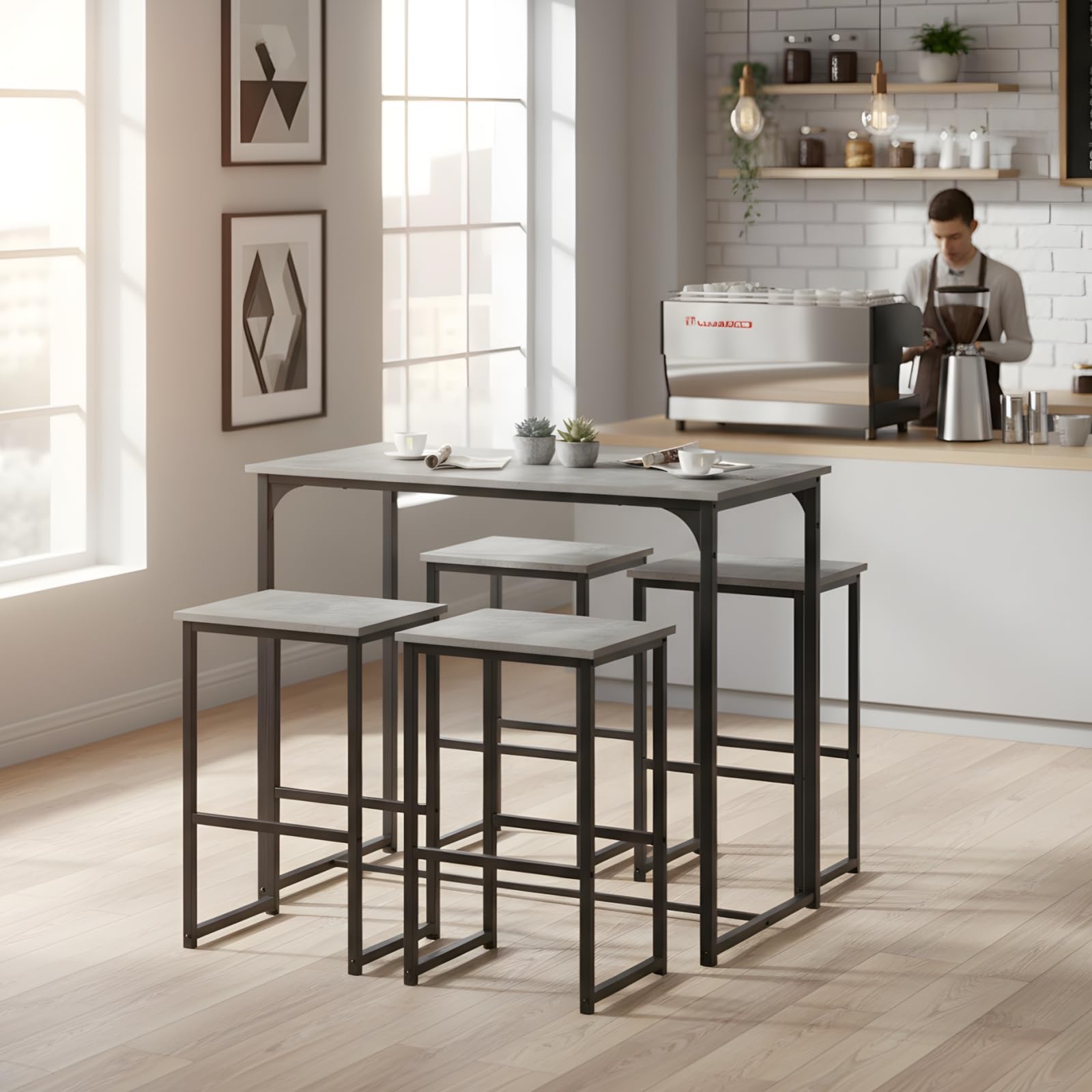 Ensemble Table a Manger avec 4 Chaises, Table Haute Cuisine Mange-Debout avec 4 Tabourets, pour Petit Espace Cuisine Salle à Manger Salon Bar ou Balcon (Gris Vieilli et Noir)