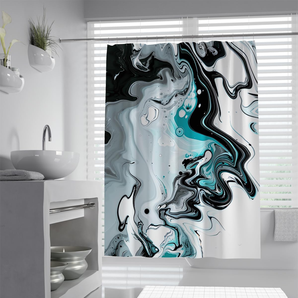 UIRINGART Fluid Art Shower Curtain W180xL180cm Modern Black Teal Grey Marble Liquid Inks Mildew Mould Resistant Polyester Fabric with Rustproof Grommets Bath Curtains