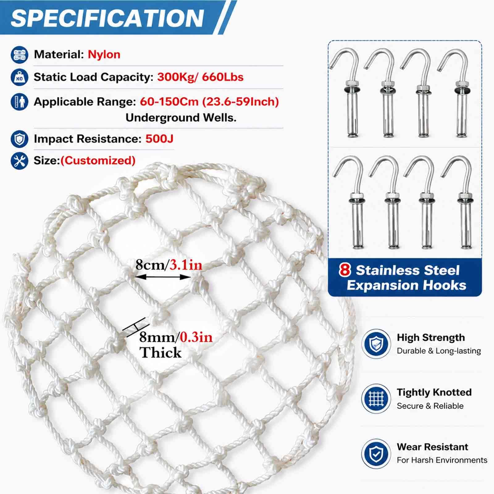 Rete Sicurezza per Copertura Scarico, Rete anticaduta Nylon Resistente per tombini, fognature e pozzetti d'ispezione con Ganci ad espansione Inox,Dia 78cm/30.7in | 1