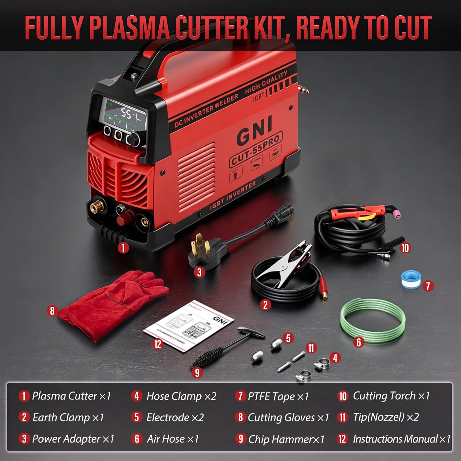 GNI CUT-55PRO Portable Plasma Cutter, Non-Touch Pilot Arc 120V/240V Plasma Cutter Machine, 4/5'' Maximum Cut, Pre-Installed Air Regulator, 2T/4T, DC Inverter IGBT for Beginners DIY & Home Workshops