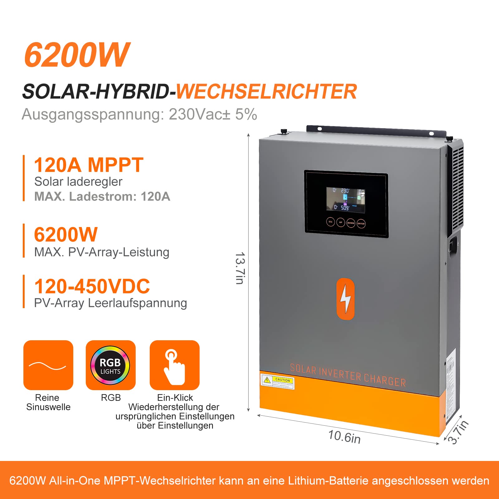 6200 W Solar Hybrid Inverter Multifunctional Inverter 48 V DC to 220 V/230 V AC 120 A MPPT Solar Controller Works with 12 V Lead-Acid and Lithium Batteries (6200 W-DC48 V -AC230 6200 W Solar Hybrid Inverter Multifunctional Inverter 48 V DC to 220 V/230 V AC 120 A MPPT Solar Controller Works with 12 V Lead-Acid and Lithium Batteries (6200 W-DC48 V -AC230