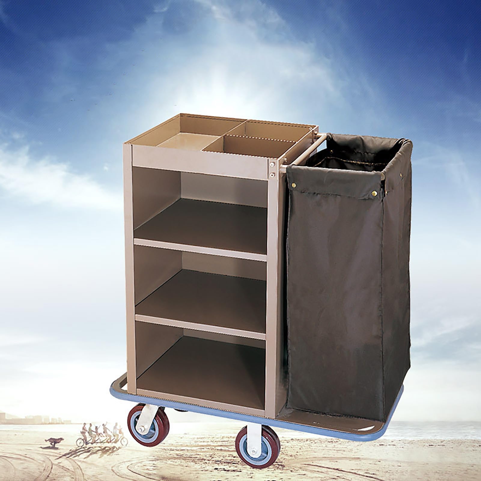 Carrello per Pulizie Commerciale Tradizionale a 3 Ripiani con Ruote e Sacco, Ideale per aziende/scuole/uffici/Servizi di Pulizia, Colore Marrone.