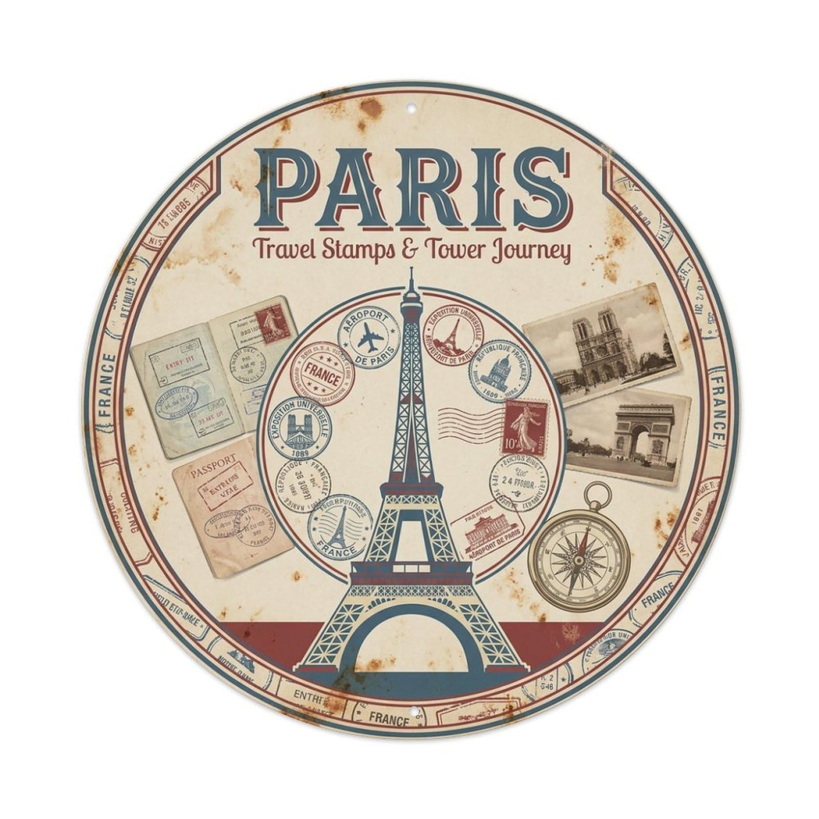 Olhnbad Style Heritage City Paris Travel Stamps Tower Journey Retro Metal Tin Sign