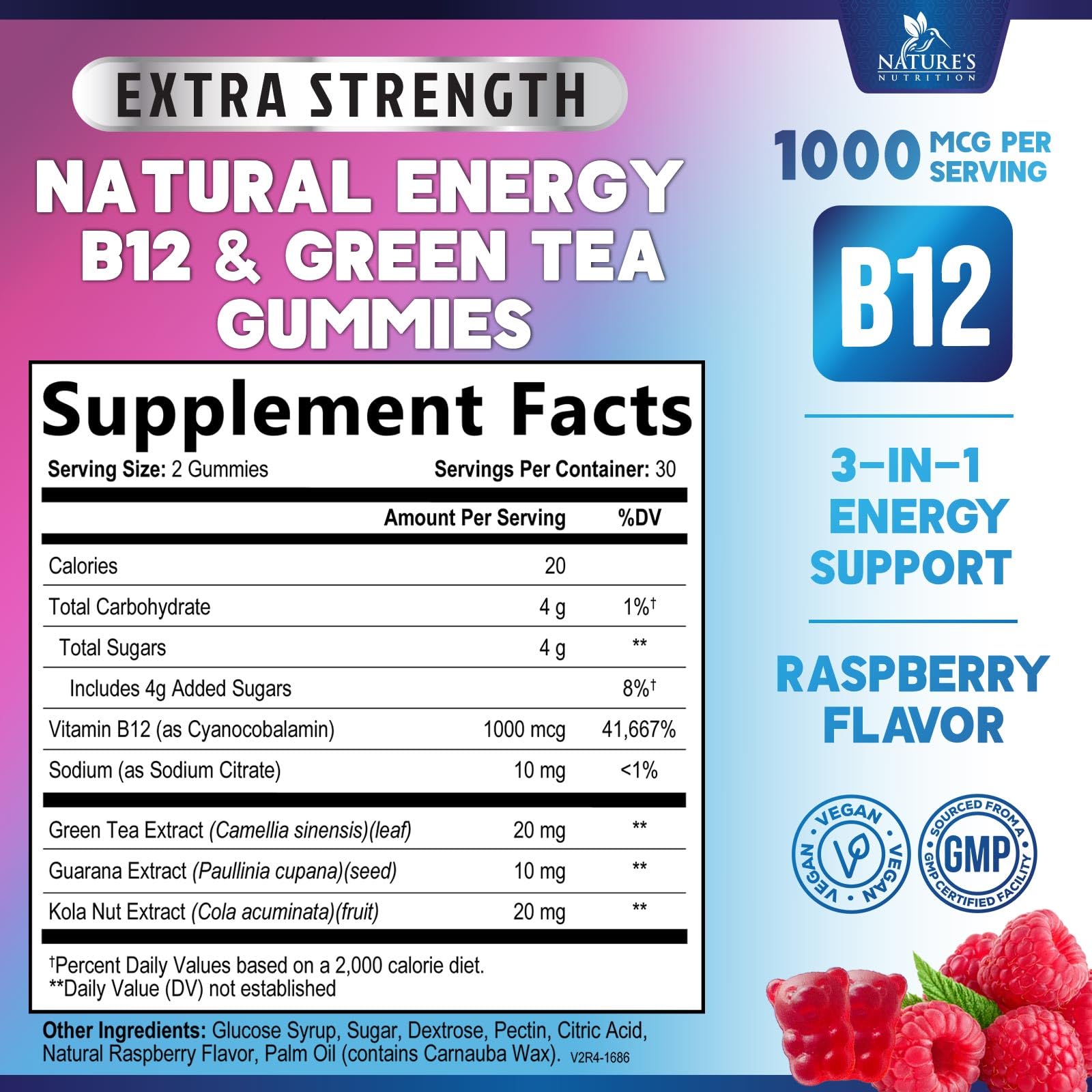 Energy Gummies - Vitamin B12 1000mcg - 3X Clean Energy & Focus Gummy with Natural Caffeine from Green Tea - Berry Flavored Pre Workout Exercise Supplement for Running Cycling & Sports - 60 Gummies — Amazon image 2