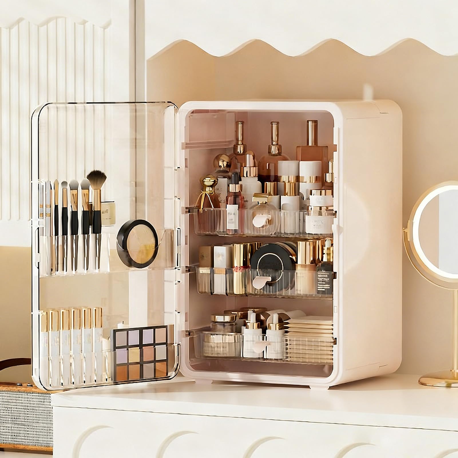 Make-up-Organizer, Hautpflege-Organizer für den Schminktisch, große Kosmetikvitrine mit Kunststoffschublade, Aufbewahrungsorganizer, Make-up-Pinselhalter für Kommode und Badezimmerablage (Beige)