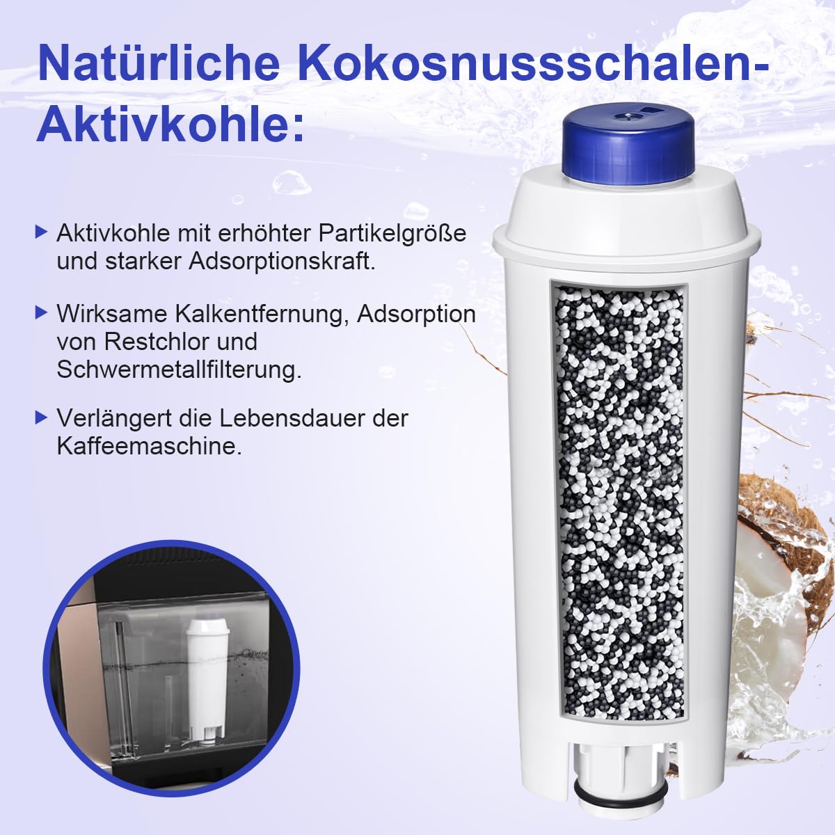 Delonghi Wasserfilter Ersatz für Kaffeevollautomaten, Kompatibel mit ECAM-Serie, Dinamica, Magnifica & Magnifica S/Evo, ETAM Autentica, Eletta Explorer, Prima Donna, Rivelia, Esam, DLSC002 (4 Stück)