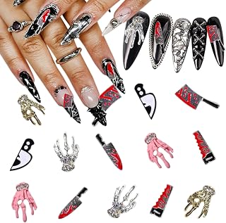 14Pcs Halloween Nail Art Charms 3D Alloy Skeleton Hand Nail Rhinestones Horror Blood Knife Nail Gems Halloween Gothic Nail Art Jewelry for Women DIY Manicure Crafts Accessories