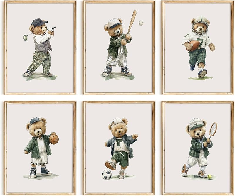Teddy Bear Nursery Wall Art Sage Green Baby Boy Canvas Wall Decor Vintage Sports Nursery Prints Teddy Bear Pictures Golf Painting Kids Sports Artwork for Toddler Bedroom 8x10 Inch Unframed Set of 6