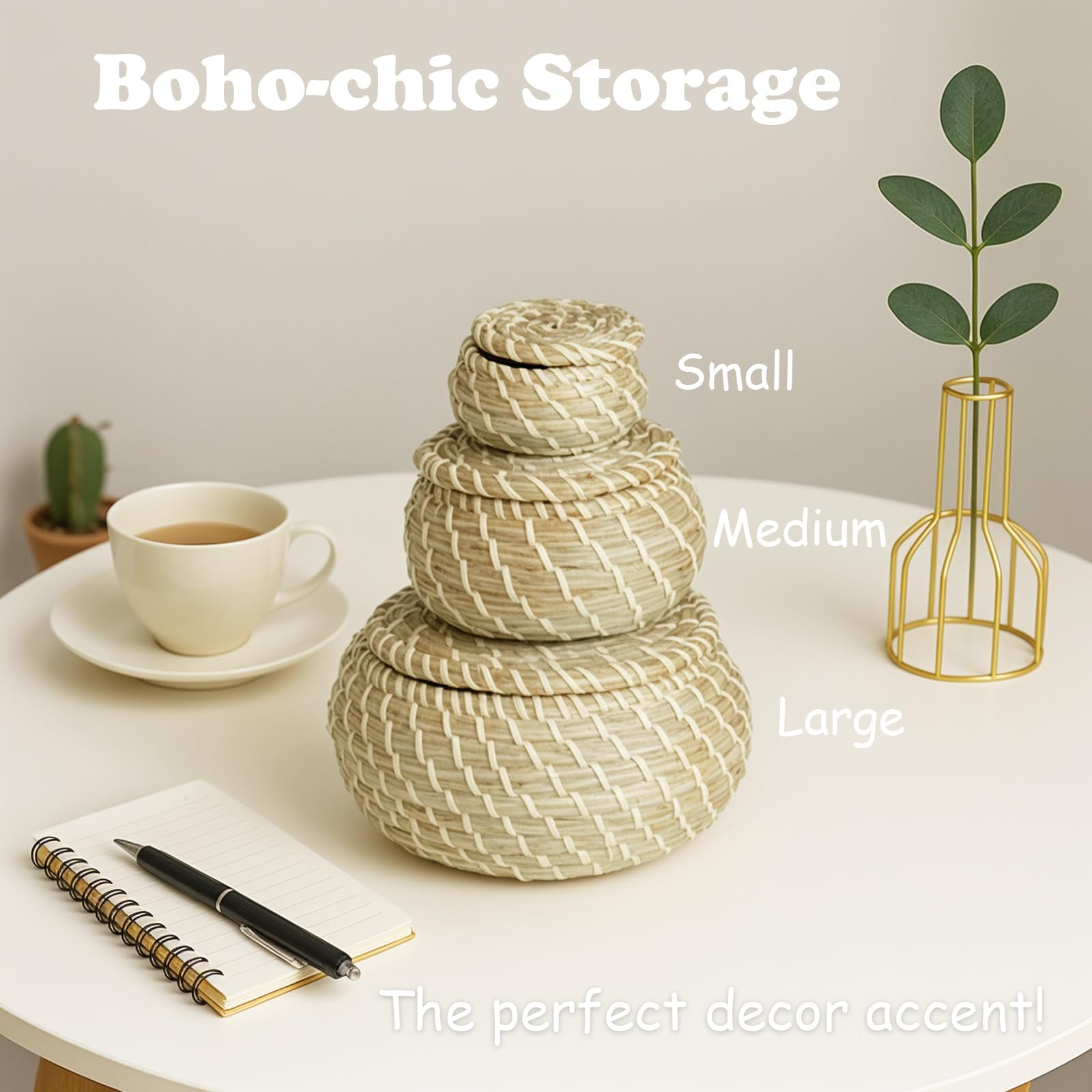 Set di 9 cestini rotondi in vimini intrecciato con coperchio, piccoli cestini in rattan fatti a mano per ufficio, camera da letto, soggiorno