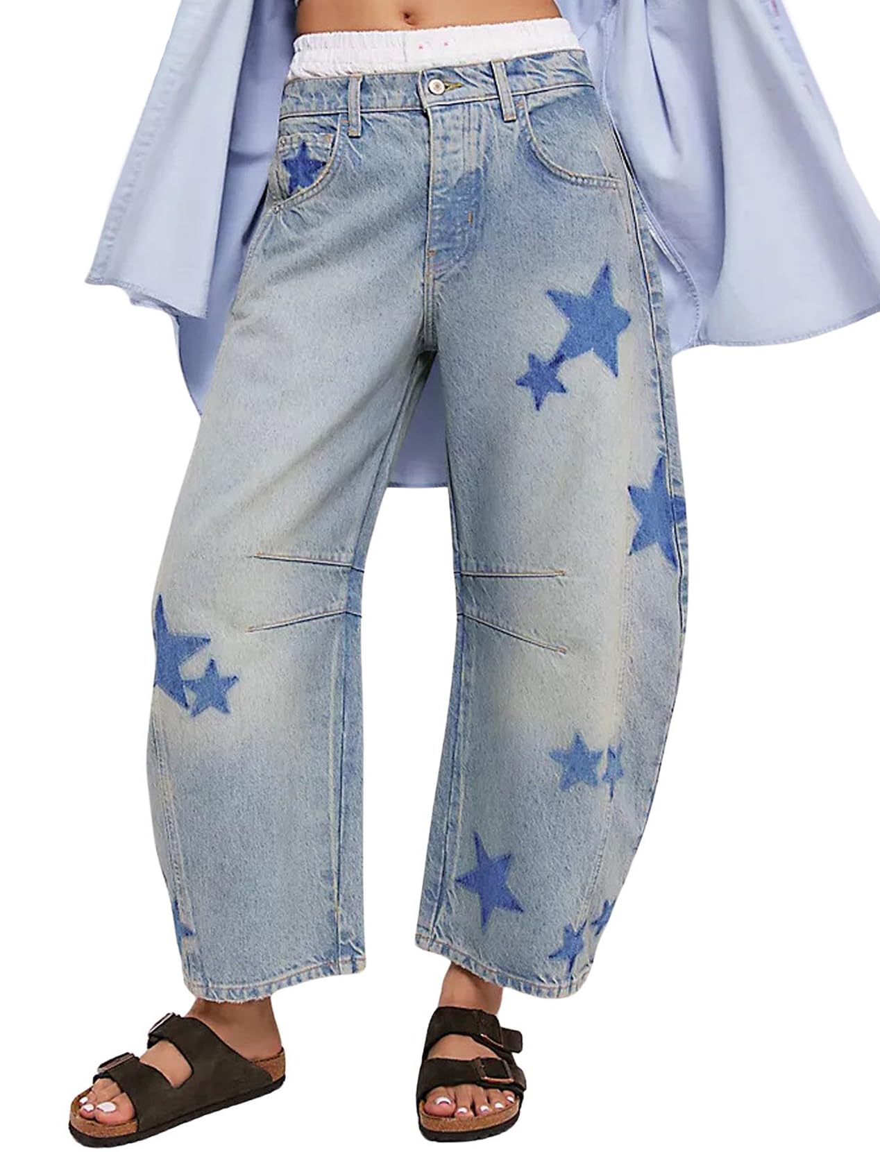 CHARTOUY2k Barrel Jeans Women Wide Leg Baggy Distressed Printed Boyfriend Horseshoe Denim Pants